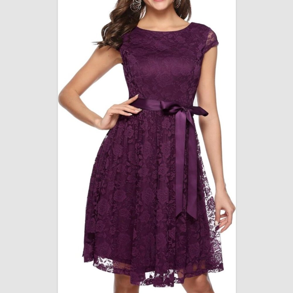 BERYLOVE Women's Lace Cap-Sleeve Dress Knee Length NO BELT Size M -Grape Purple